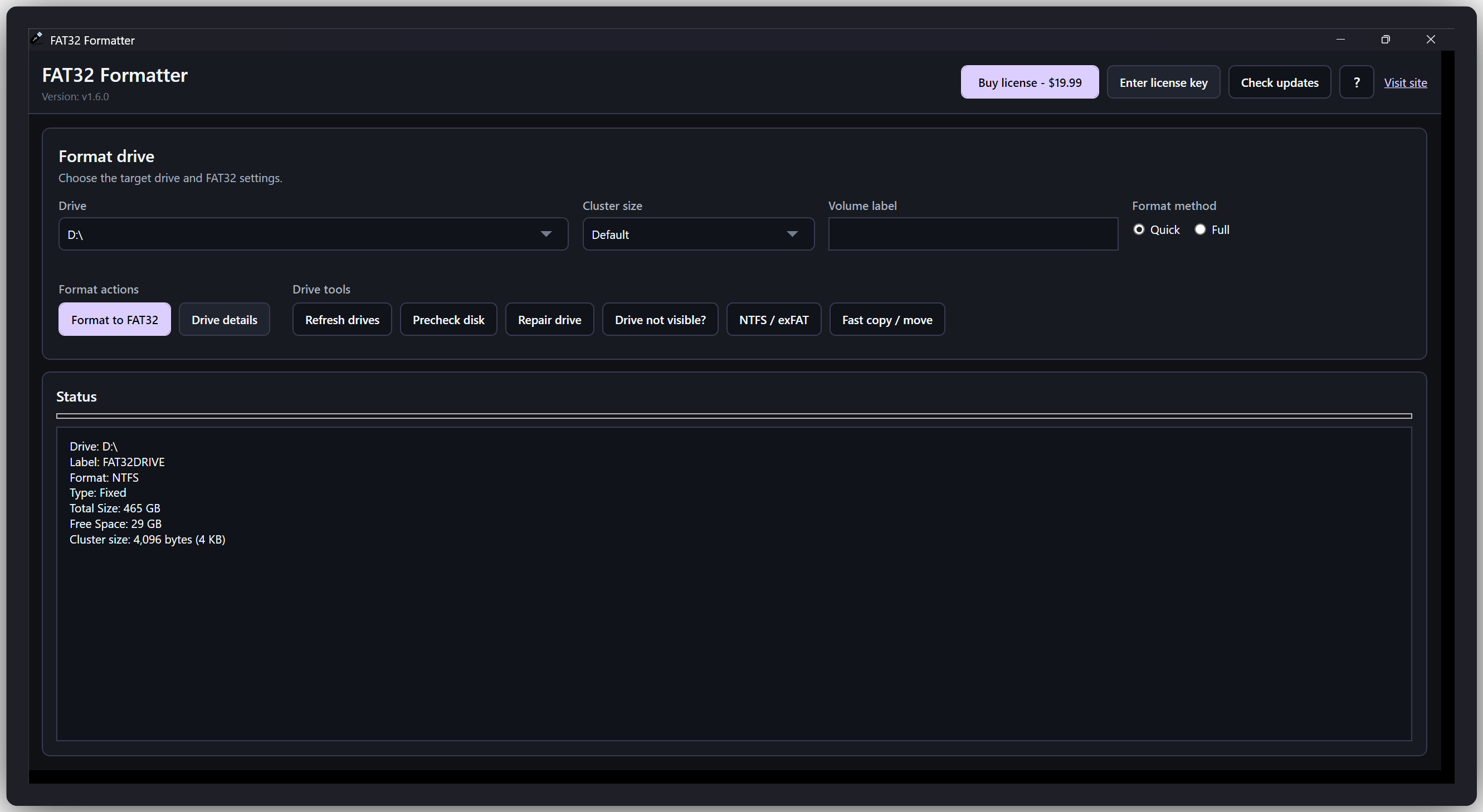 FAT32 Formatter GUI format tool interface for Windows
